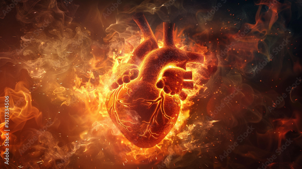 A burning heart illustration symbolizing passion and pain