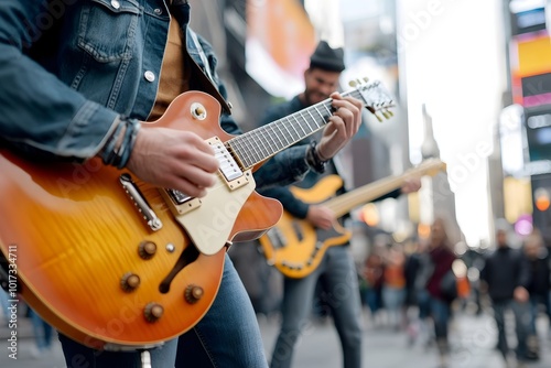 A close-up portrait of a group of talented musicians passionately playing their instruments on a bustling city street corner. The energy and of their performance captivates the crowd.