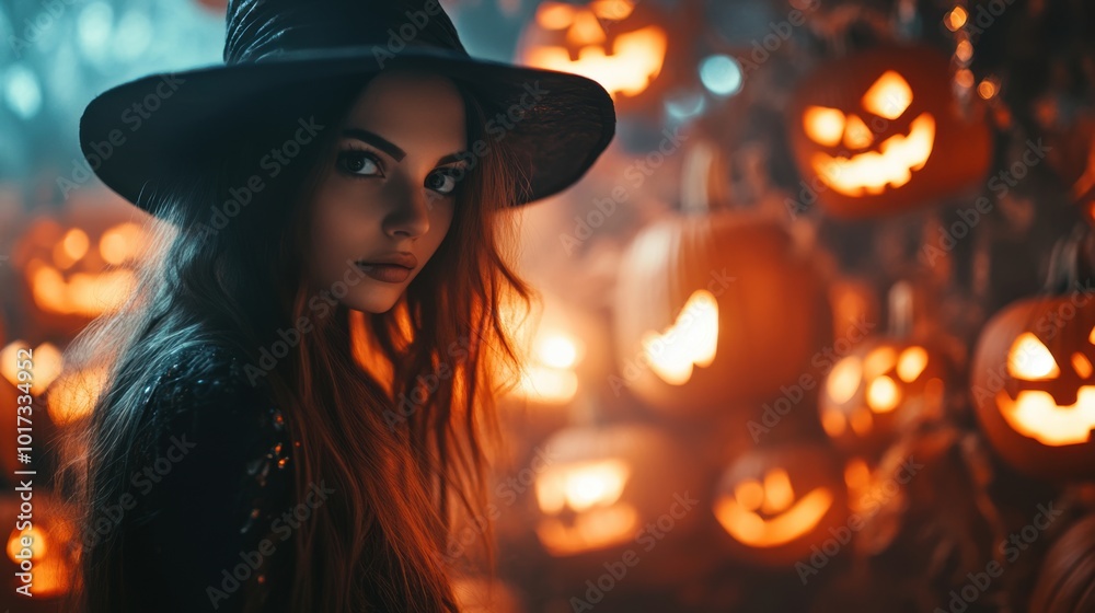 Beautiful witch with pumpkin. Halloween theme. Beautiful witch with pumpkin. Halloween theme.