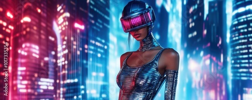 Fashion week model in a metallic bodyhugging outfit with a futuristic helmet photo