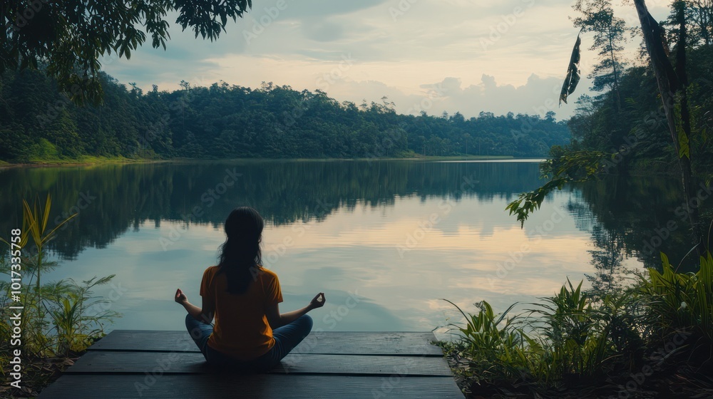 A Malaysian woman meditating by a serene lake, finding happiness in the calmness of inner peace A Malaysian woman meditating by a serene lake, finding happiness in the calmness of inner peace
