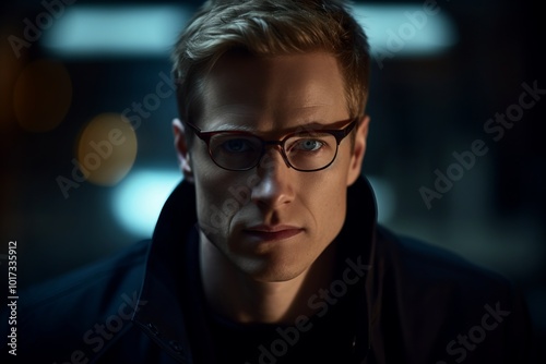 Portrait of a handsome young man in a black jacket and glasses