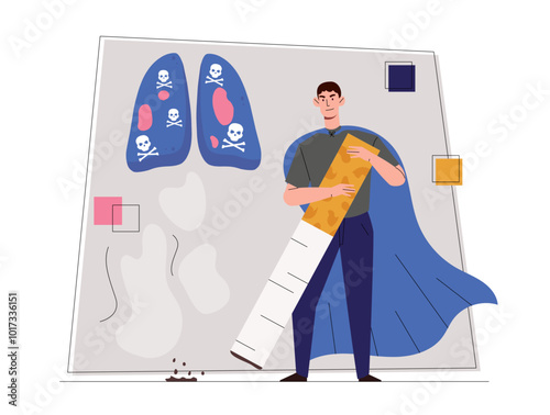 Man overcome nicotine addiction. Guy in superhero cape with cigarette looking at structure of lungs. Healthy lifestyle and fighting bad habits. Flat vector illustration isolated on white background