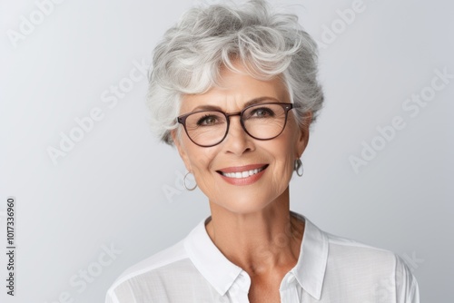 Portrait of smiling senior woman in eyeglasses over grey background photo