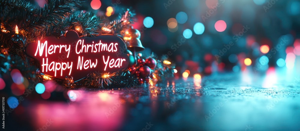 Festive Christmas sign with red and blue bokeh lights. Festive Christmas sign with red and blue bokeh lights.