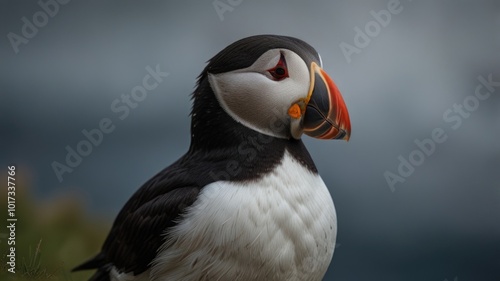 Atlantic puffin over a blurry background