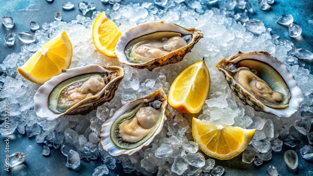 A Delicate Arrangement of Fresh Oysters Nestled in a Bed of Sparkling Ice and Sliced Lemon Wedges A Delicate Arrangement of Fresh Oysters Nestled in a Bed of Sparkling Ice and Sliced Lemon Wedges