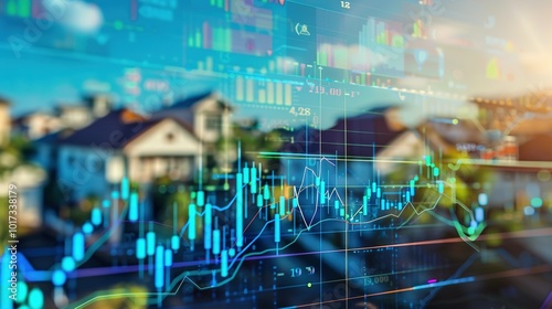 Wallpaper Mural Sunny Outlook: Stock Market Chart Featuring Blue and Green Upward Arrows with Houses in the Background Torontodigital.ca