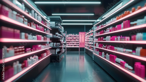 Holographic Cosmetic Aisle Featuring Glowing Futuristic Skincare Products Displayed in a Sleek Minimalist Digital Store Setting Innovative Retail Concept with Translucent