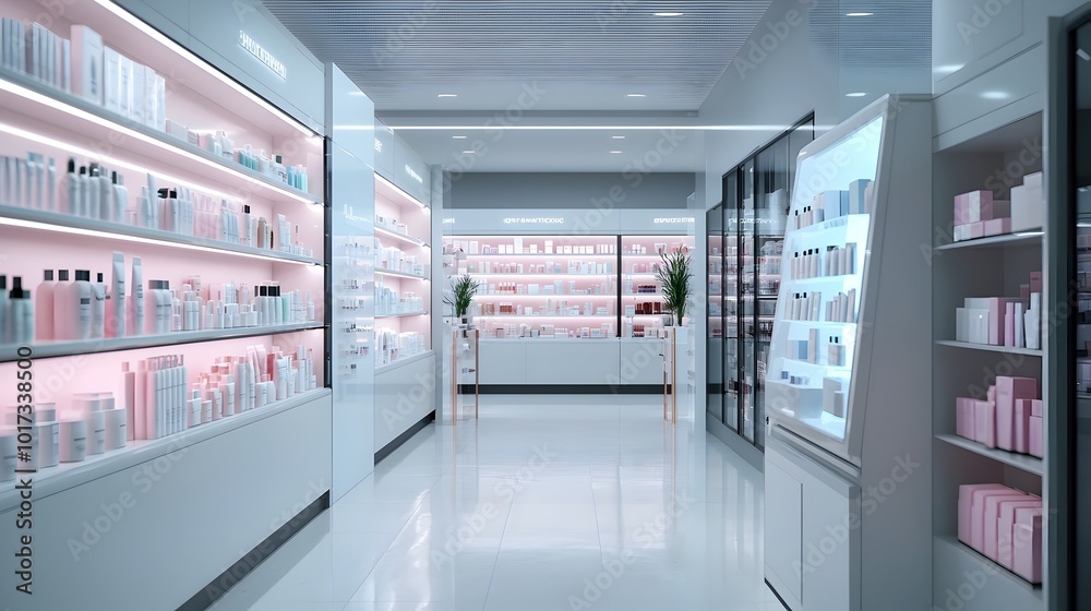 A sleek minimalist digital beauty store showcasing a mesmerizing holographic skincare aisle offering a glimpse into the futuristic world of modern cosmetic shopping experiences A sleek minimalist digital beauty store showcasing a mesmerizing holographic skincare aisle offering a glimpse into the futuristic world of modern cosmetic shopping experiences