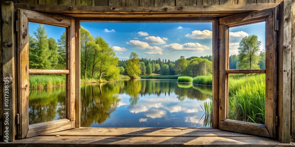 A rustic wooden frame encases a tranquil scene of a lake reflecting a sky dappled with fluffy clouds, revealing a serene and captivating glimpse into nature's beauty.