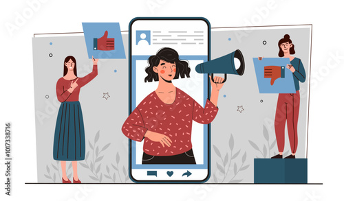 Promotion on social networks. Woman with loudspeaker on smartphone screen. Promotion in social networks and instant messengers. Marketer and SMM specialist. Flat vector illustration