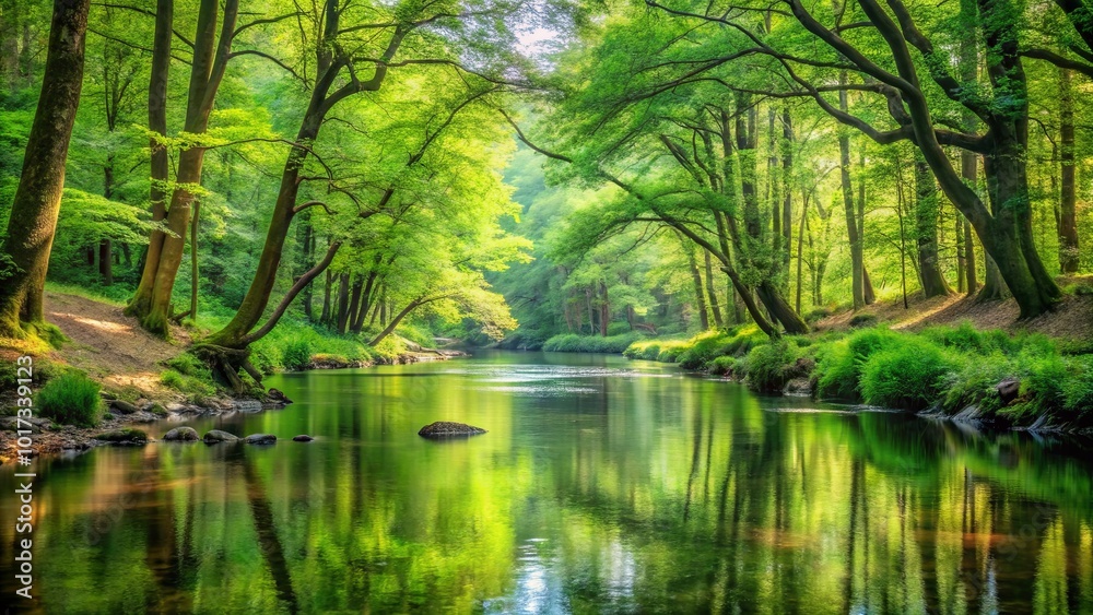 Obraz premium A serene forest river, dappled sunlight filtering through the canopy, creating a shimmering reflection on the tranquil water