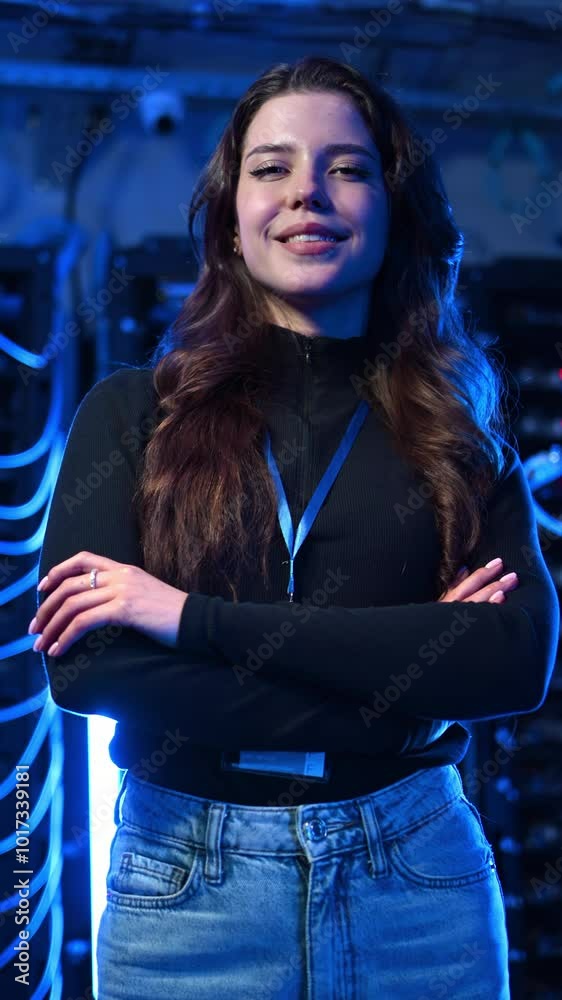 Woman standing in a server room. Vertical