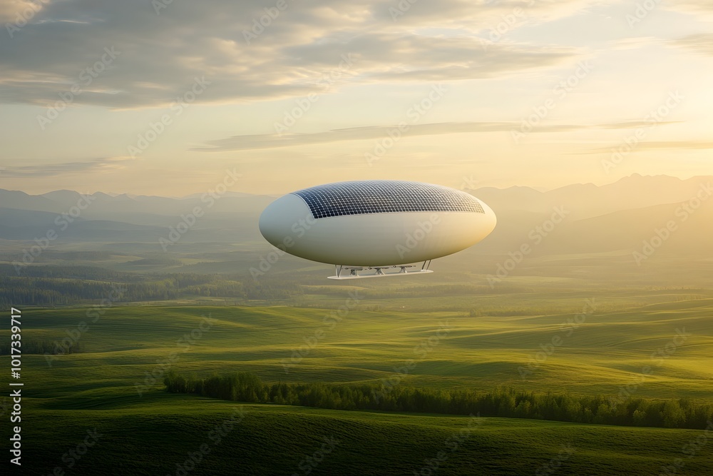 Elegant Solar Powered Dirigible Airship Concept Soaring Over Pastoral Landscape Elegant Solar Powered Dirigible Airship Concept Soaring Over Pastoral Landscape