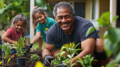Wallpaper Mural A Pacific Islander family smiling while planting trees in their backyard, finding joy in eco-friendly living Torontodigital.ca