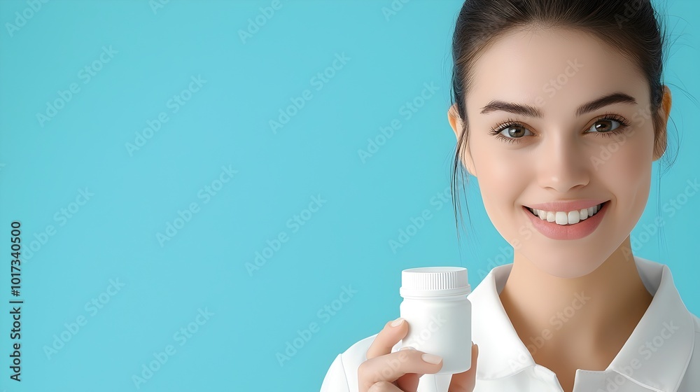 Young woman holding a supplement bottle and taking vitamins at home showcasing self care and healthcare practices to improve skin and hair health set in a monochromatic cybernetic tone Young woman holding a supplement bottle and taking vitamins at home showcasing self care and healthcare practices to improve skin and hair health set in a monochromatic cybernetic tone