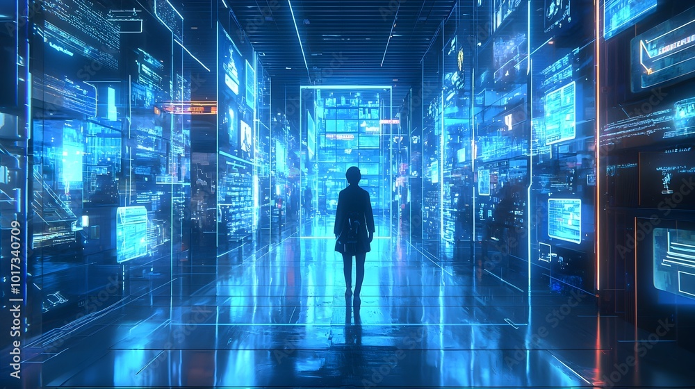 Captivating holographic shopping mall experience featuring glowing neon aisles futuristic digital storefronts and an immersive technologically advanced atmosphere Captivating holographic shopping mall experience featuring glowing neon aisles futuristic digital storefronts and an immersive technologically advanced atmosphere