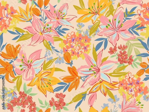 Fototapeta Naklejka Na Ścianę i Meble -  Hand-drawn lily and wildflower seamless pattern. Abstract botanical textile design. Floral pattern for banners, cards, invitations, and gift wrapping.