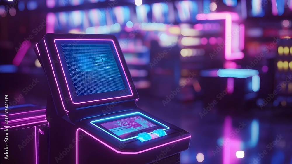 Fototapeta premium Futuristic Smart Checkout System with Glowing Neon Interface in Advanced Retail Environment Innovative digital payment and transaction platform for efficient and convenient shopping experience