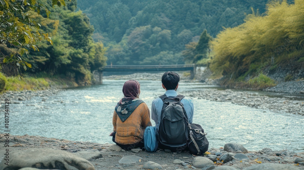 A Pakistani couple shares a quiet moment by the river. Cross-cultural love that connects two worlds A Pakistani couple shares a quiet moment by the river. Cross-cultural love that connects two worlds