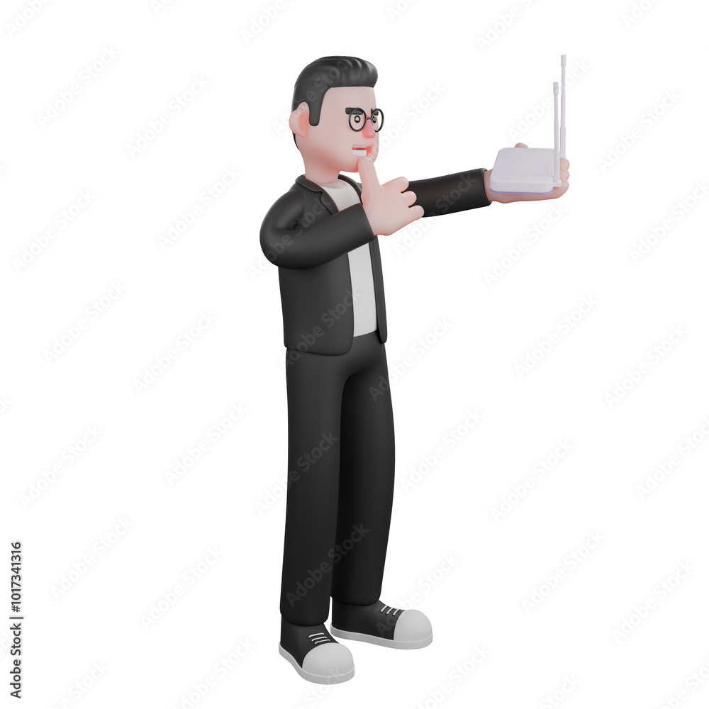 3D Male Editor Media Illustration. A male editor is standing carrying a router while raising his thumb. Professional 3D Male Editor Media Illustration. A male editor is standing carrying a router while raising his thumb. Professional