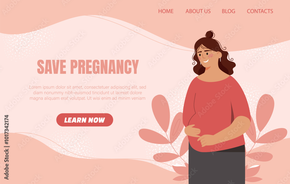 Save pregnancy poster. Woman with large belly. Self love and acceptance. Parenthood and motherhood, responsibility. Landing webpage design. Flat vector illustration isolated on beige background Save pregnancy poster. Woman with large belly. Self love and acceptance. Parenthood and motherhood, responsibility. Landing webpage design. Flat vector illustration isolated on beige background
