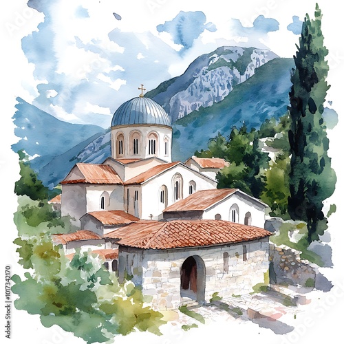 Watercolor painting of an old church with a blue dome and red roof in a mountainous landscape.