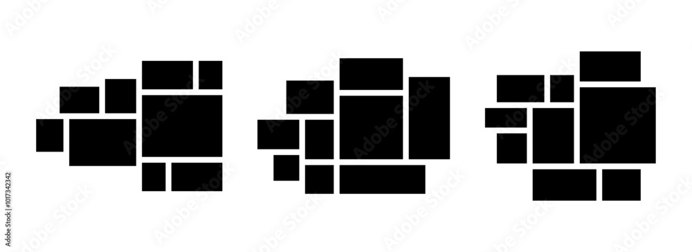 Image collage layout set. Black mosaic mood board grid collection. 9 picture composition arrangement. Photo album template for banner, poster, mockup, flyer, brochure, booklet, memory wall. Vector