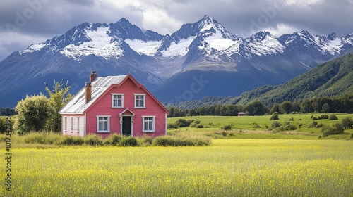 Pink House in a Field with Snowy Mountains in the Background