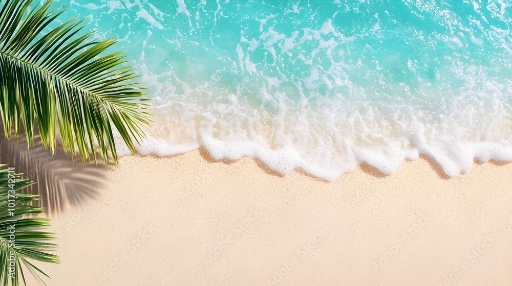 Tranquil Top View of an Empty Sand Beach with Soft Palm Leaf Shadows and Clear Water Waves Perfect for Creating Travel and Vacation Banners with Futuristic Tones and Complementary Color Schemes Tranquil Top View of an Empty Sand Beach with Soft Palm Leaf Shadows and Clear Water Waves Perfect for Creating Travel and Vacation Banners with Futuristic Tones and Complementary Color Schemes