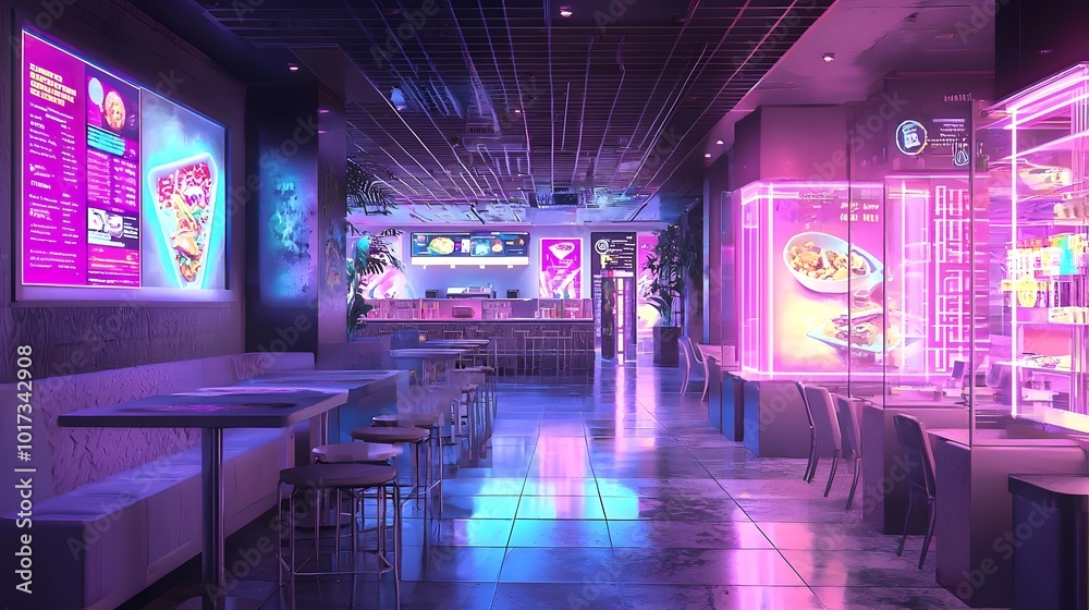 Futuristic augmented reality food court with glowing neon displays sleek modern interior and digital menu holograms A glimpse into the innovative immersive Futuristic augmented reality food court with glowing neon displays sleek modern interior and digital menu holograms A glimpse into the innovative immersive