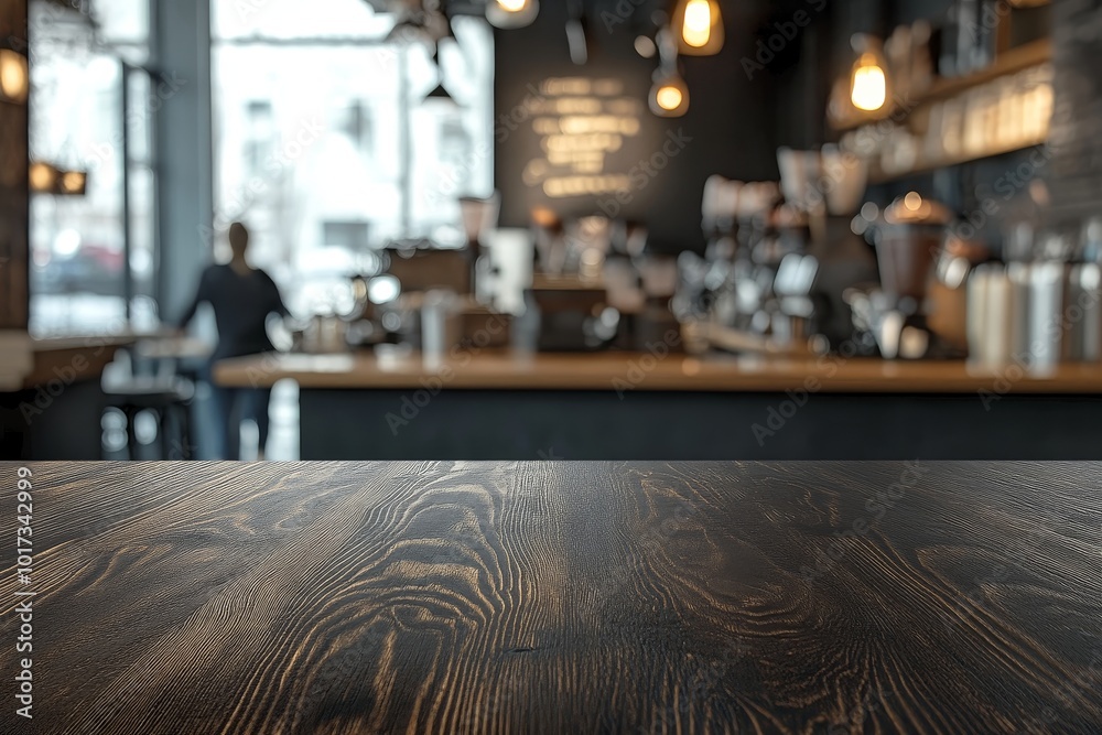 Fototapeta premium A dark wooden table with a blurred cafe background.