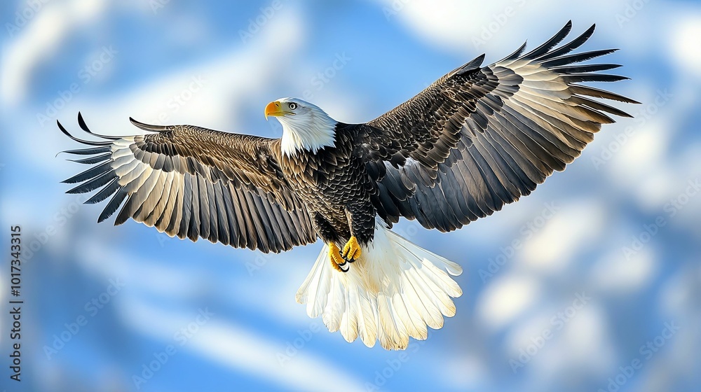 Obraz premium Bald Eagle Soaring with Wings Spread in a Blue Sky