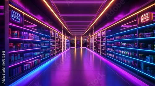 Futuristic holographic price tags and smart retail environment with glowing neon store shelves showcasing innovative future technology and digital commerce concept