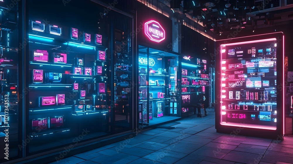 Holographic storefront with neon lit digital signs in a futuristic cityscape showcases advanced retail technology and innovative commercial architecture Holographic storefront with neon lit digital signs in a futuristic cityscape showcases advanced retail technology and innovative commercial architecture