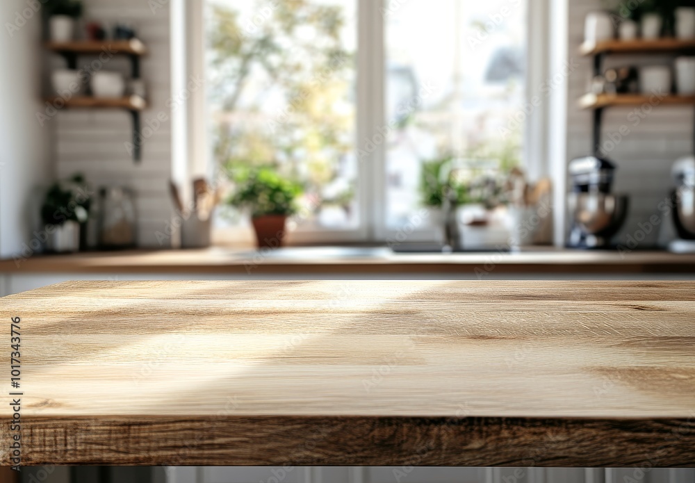 Empty wooden countertop against blurred background of kitchen with window, shelves, and appliances. Empty wooden countertop against blurred background of kitchen with window, shelves, and appliances.