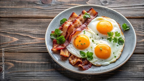 A plate of crispy bacon and perfectly fried eggs with a touch of fresh parsley, a classic breakfast combination served on a rustic wooden surface.