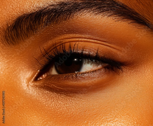 A woman’s face with undereye patches focusing on dark circles and puffiness, softly lit with a subtle gradient background for beauty and self-care. photo