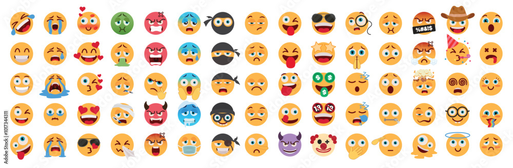 Emoji flat emoticon characters vector set. Emojis flat cute character collection in happy, naughty, crying, in love, sick and evil facial expression graphic elements. Vector illustration emoticons Emoji flat emoticon characters vector set. Emojis flat cute character collection in happy, naughty, crying, in love, sick and evil facial expression graphic elements. Vector illustration emoticons