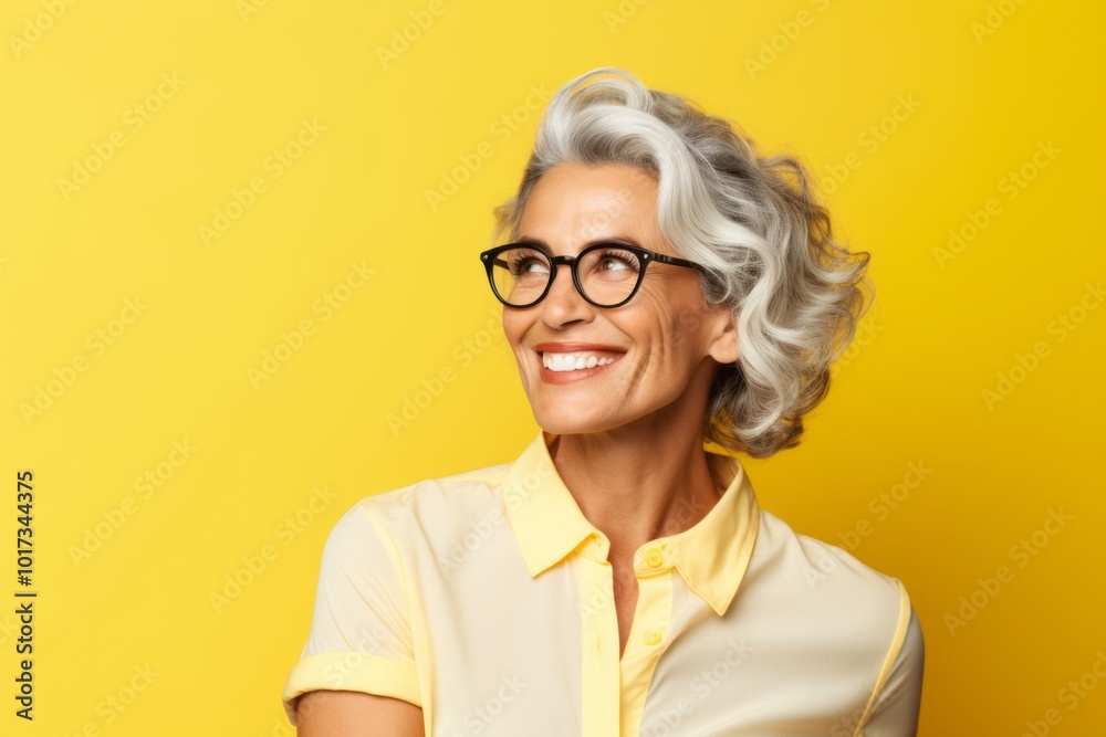 Smiling senior woman in eyeglasses looking at camera over yellow background Smiling senior woman in eyeglasses looking at camera over yellow background