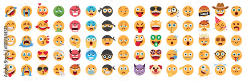 Emoji flat emoticon characters vector set. Emojis flat cute character collection in happy, naughty, crying, in love, sick and evil facial expression graphic elements. Vector illustration emoticons 