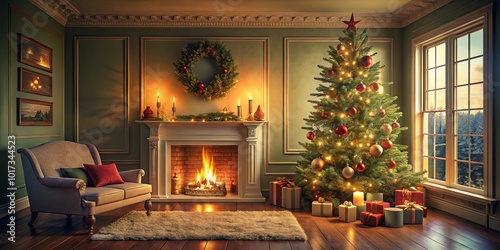 A warm and inviting living room adorned with a festively decorated Christmas tree, a crackling fireplace, and soft candlelight, creating a serene and magical ambiance.