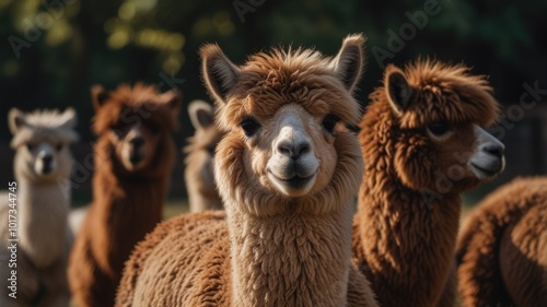 Group of alpacas over a blurry background