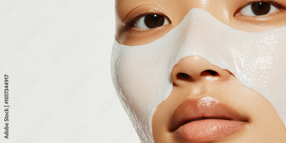 A closeup of a woman's face covered with a hydrating sheet mask, focusing on her dry skin areas, set against a light clean studio background, ideal for skincare blogs or products.