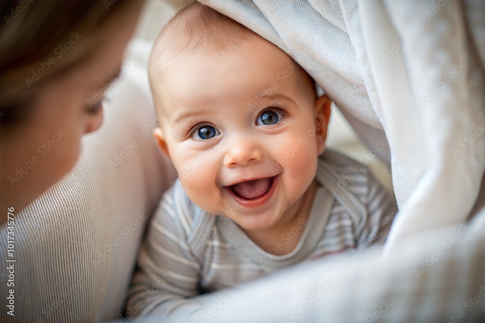 Smiling baby under white blanket with adorable expression Smiling baby under white blanket with adorable expression