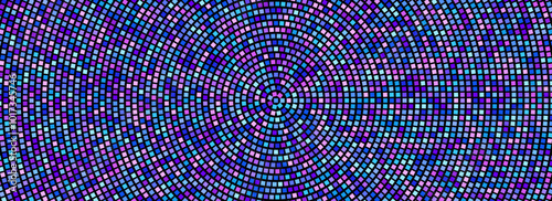 Radial disco party pattern. Blue and pink square sequin mosaic texture background. Abstract purple shining glitter halftone wallpaper. Pop up comic sparkling glitter and strass backdrop. Vector