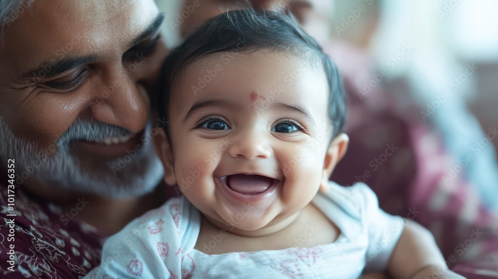 An Indian baby smiling while being held by their grandparents, sharing love and joy in a warm family home An Indian baby smiling while being held by their grandparents, sharing love and joy in a warm family home