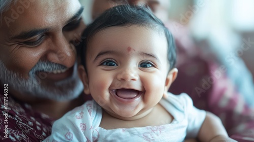 An Indian baby smiling while being held by their grandparents, sharing love and joy in a warm family home