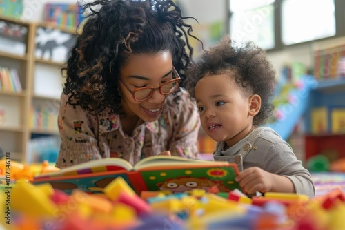 Mother and child reading a book together in a colorful playroom filled with toys, enjoying quality bonding time and early learning activities. photo